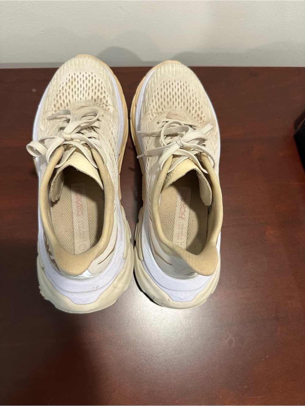 Hoka One One Clifton Edge Beige and White Athletic Running Shoes